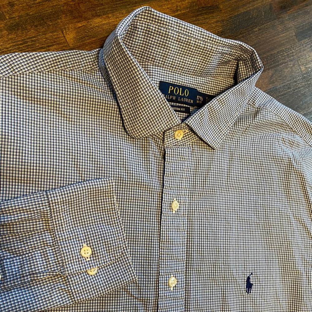 Polo Ralph Lauren Mens Custom Fit Blue Gingham Plaid 17.5 36-37 Dress Shirt Pony